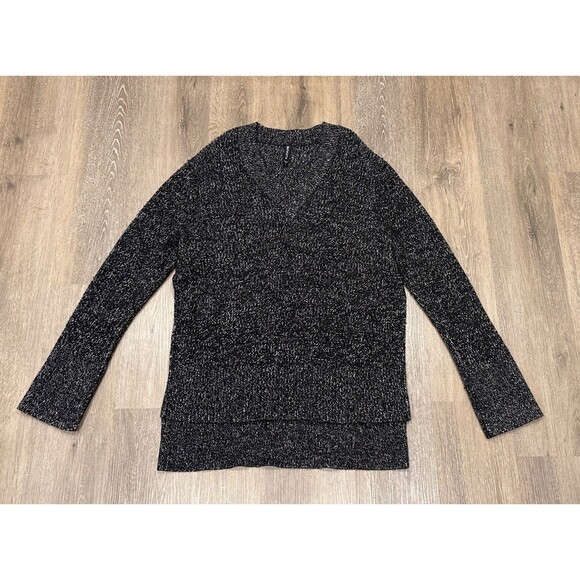 Athleta Gray Black Marled Wool Blend V Neck High Low Tunic Sweater L - Picture 7 of 12